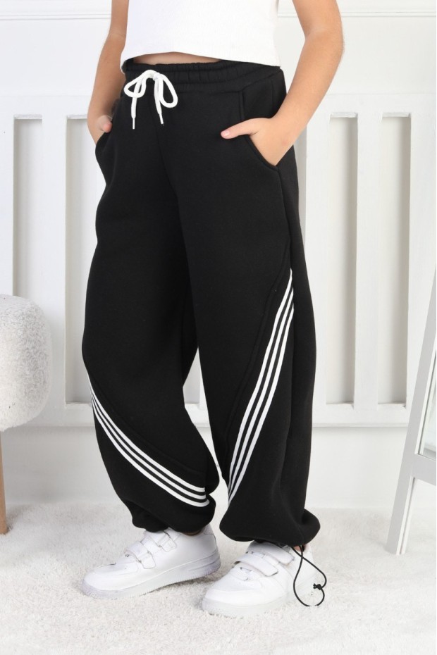 Üç İplik Şardonlu Öne Çizgili Bol Paça Kız Çocuk Eşofman Altı