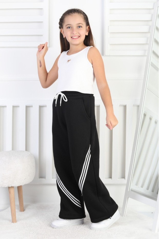 Üç İplik Şardonlu Öne Çizgili Bol Paça Kız Çocuk Eşofman Altı