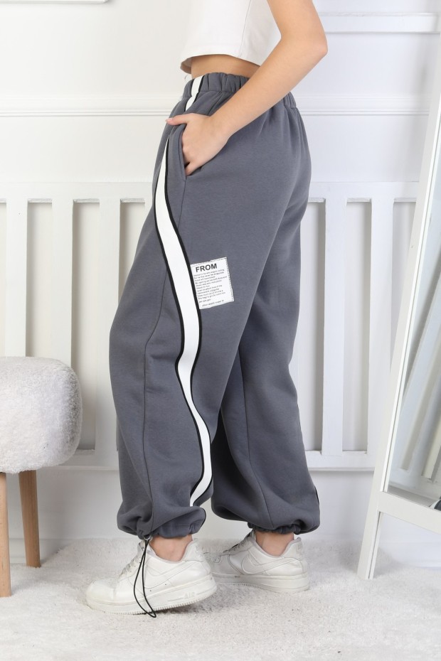 Üç İplik Şardonlu Çapraz Çizgili Bol Paça Kız Çocuk Eşofman Altı