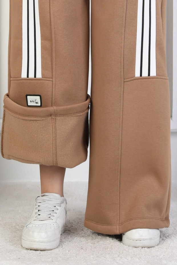 Üç İplik Şardonlu Çep Detaylı Bol Paça Kız Çocuk Eşofman Altı 