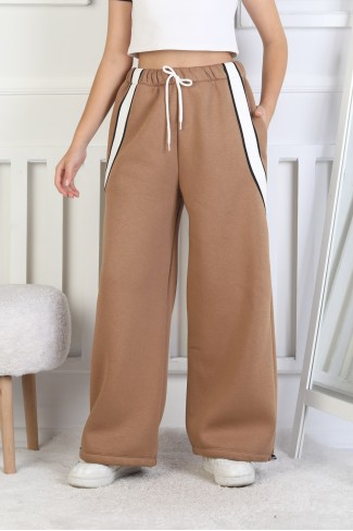 Üç İplik Şardonlu Çapraz Çizgili Bol Paça Kız Çocuk Eşofman Altı