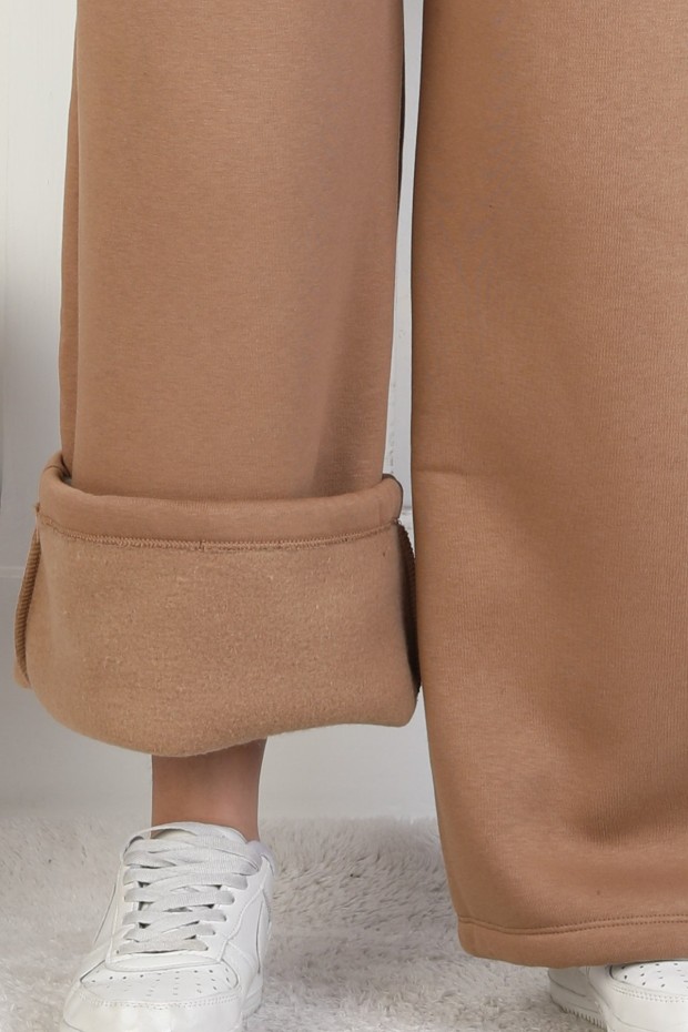 Üç İplik Şardonlu Çapraz Çizgili Bol Paça Kız Çocuk Eşofman Altı