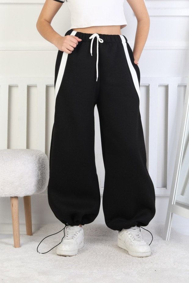 Üç İplik Şardonlu Çapraz Çizgili Bol Paça Kız Çocuk Eşofman Altı