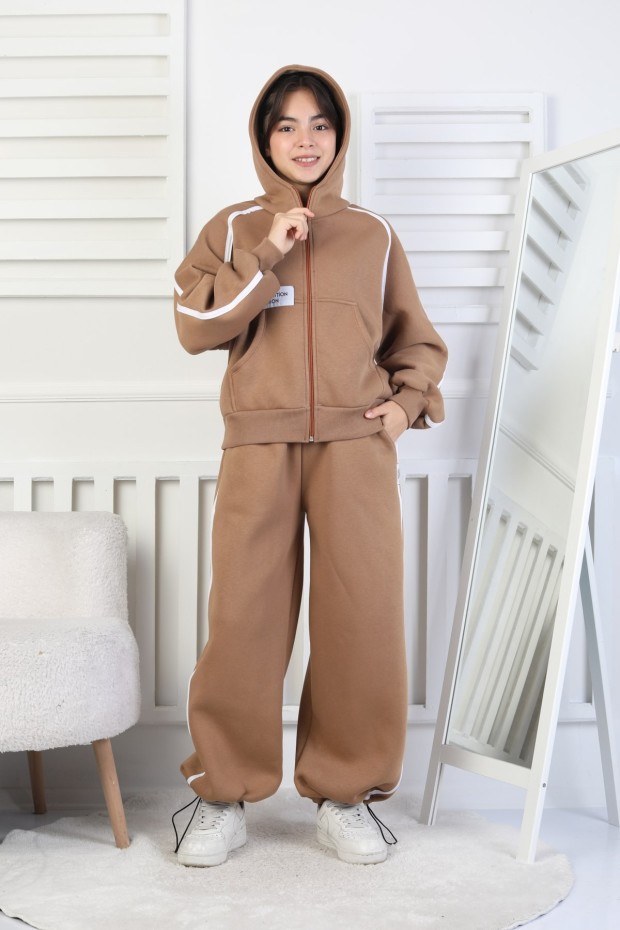 Üç İplik Şardonlu Fermuarlı Kapüşonlu Kız Çocuk Takım