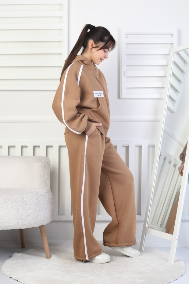 Üç İplik Şardonlu Fermuarlı Kapüşonlu Kız Çocuk Takım