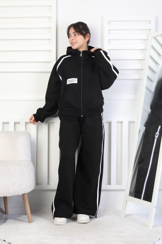 Üç İplik Şardonlu Fermuarlı Kapüşonlu Kız Çocuk Takım