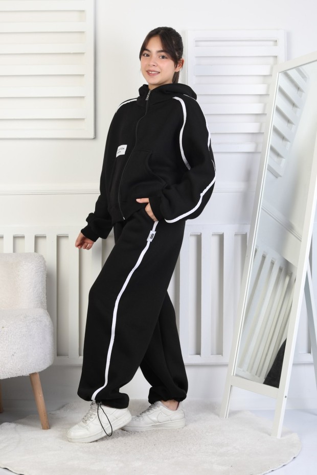 Üç İplik Şardonlu Fermuarlı Kapüşonlu Kız Çocuk Takım