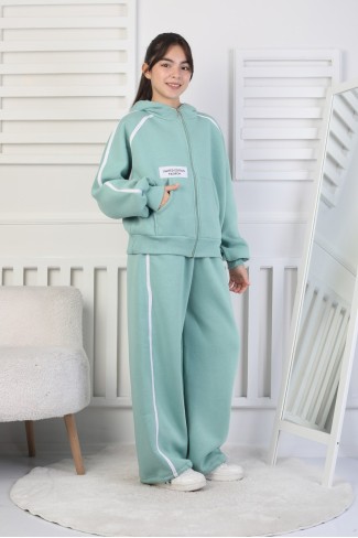 Üç İplik Şardonlu Fermuarlı Kapüşonlu Kız Çocuk Takım