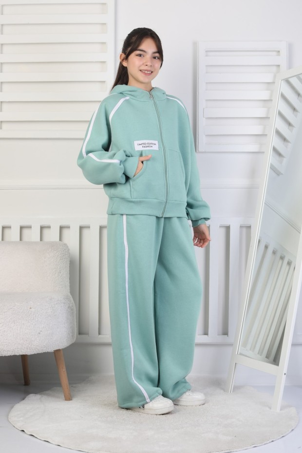 Üç İplik Şardonlu Fermuarlı Kapüşonlu Kız Çocuk Takım