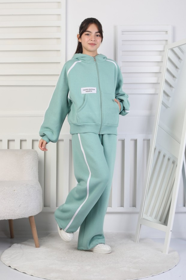 Üç İplik Şardonlu Fermuarlı Kapüşonlu Kız Çocuk Takım