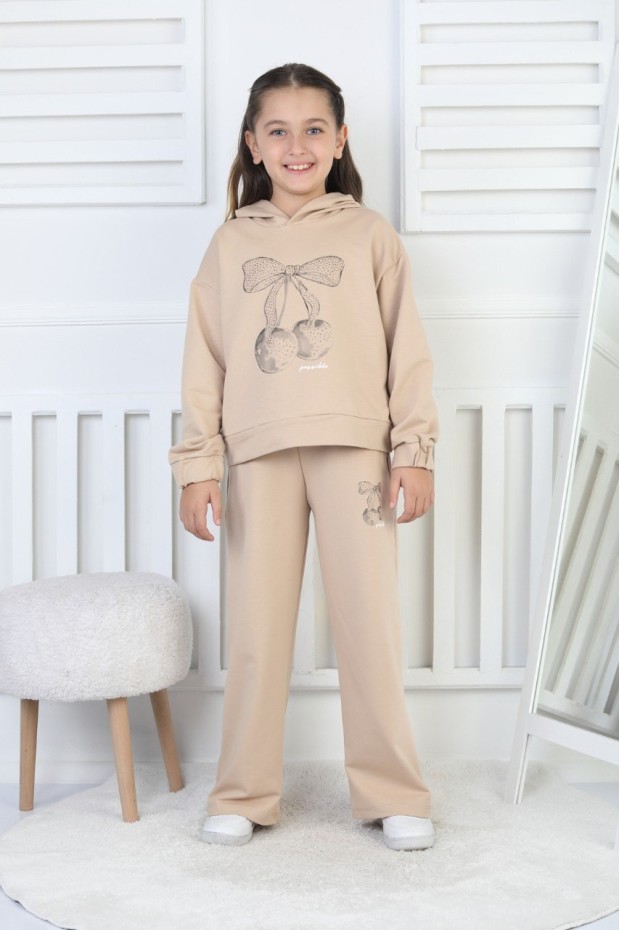 İki İplik Kapüşonlu Baskılı Kız Çocuk Takım 