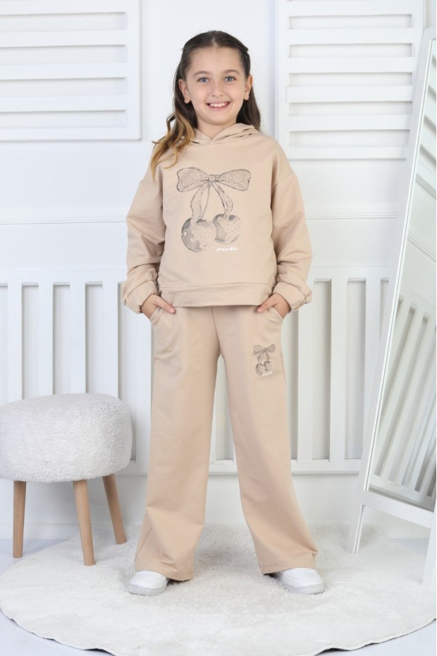 İki İplik Kapüşonlu Baskılı Kız Çocuk Takım 