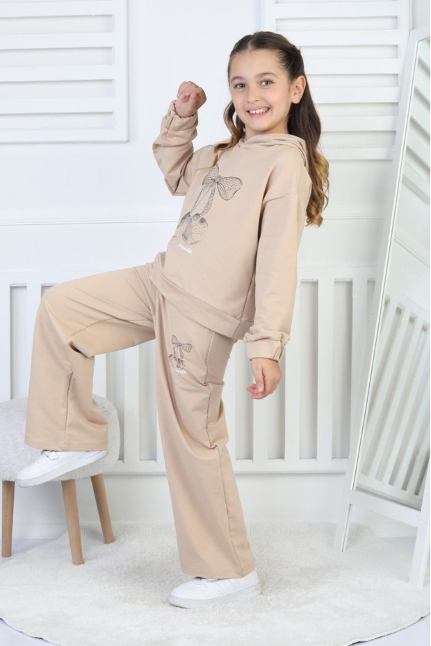 İki İplik Kapüşonlu Baskılı Kız Çocuk Takım 
