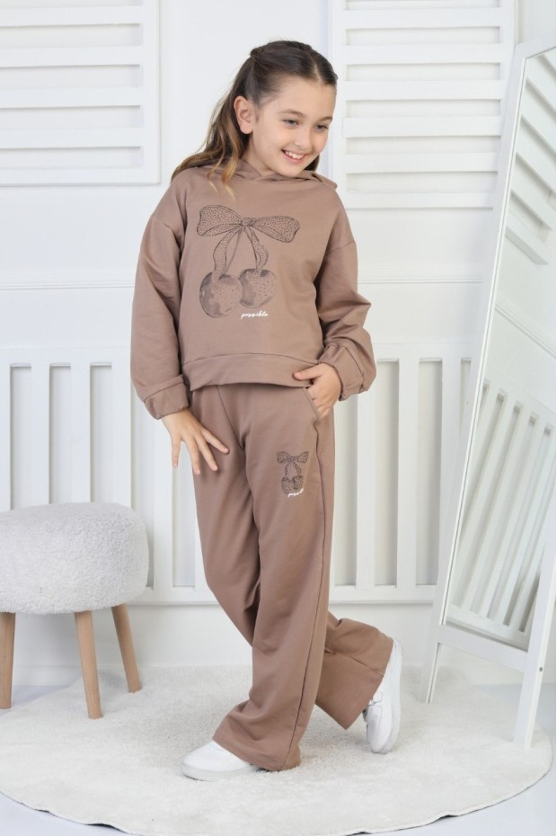 İki İplik Kapüşonlu Baskılı Kız Çocuk Takım 