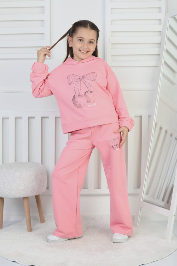 İki İplik Kapüşonlu Baskılı Kız Çocuk Takım 