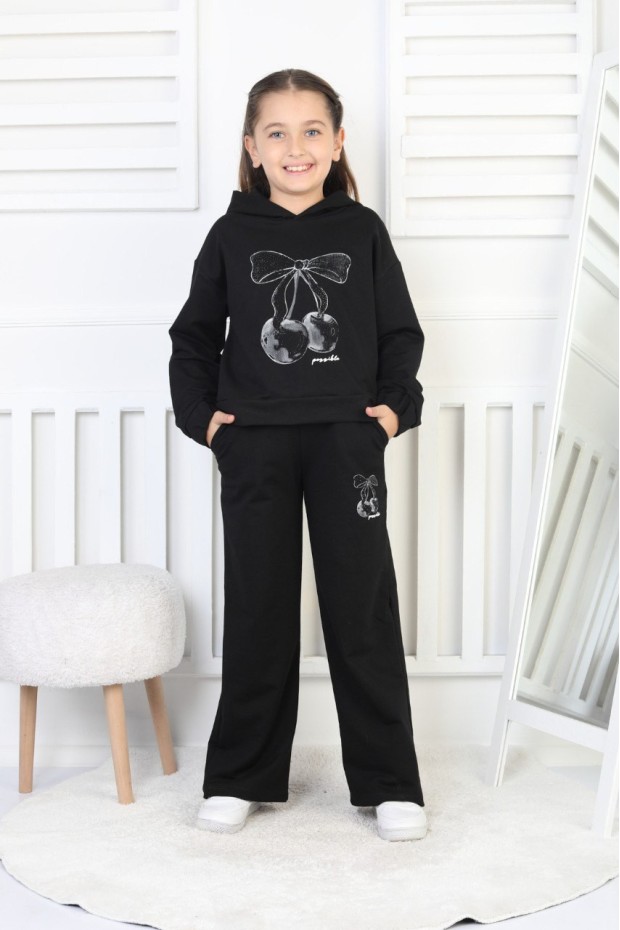 İki İplik Kapüşonlu Baskılı Kız Çocuk Takım 