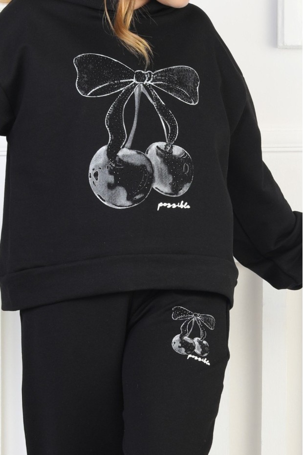 İki İplik Kapüşonlu Baskılı Kız Çocuk Takım 