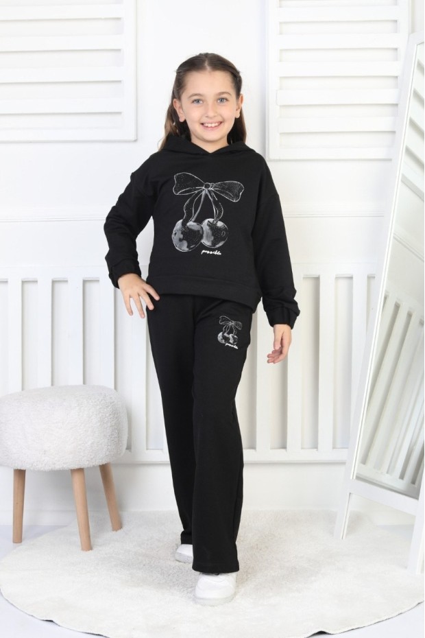 İki İplik Kapüşonlu Baskılı Kız Çocuk Takım 
