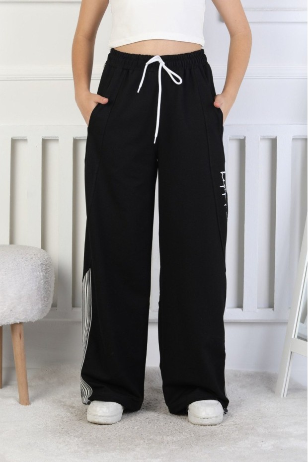 İki İplik Çizgili Baskılı Kız Çocuk Eşofman Altı