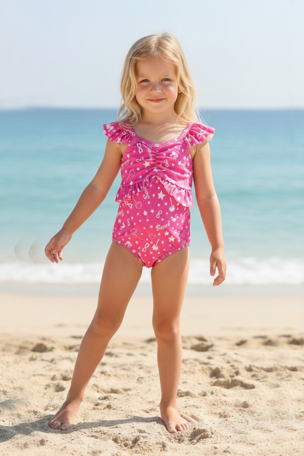 Kız Çocuk Polyester + Elastan Omuzları Fırfırlı Yıldız ve Palmiye Desenli  Yüzücü Mayosu