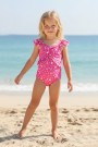 Kız Çocuk Polyester + Elastan Omuzları Fırfırlı Yıldız ve Palmiye Desenli  Yüzücü Mayosu
