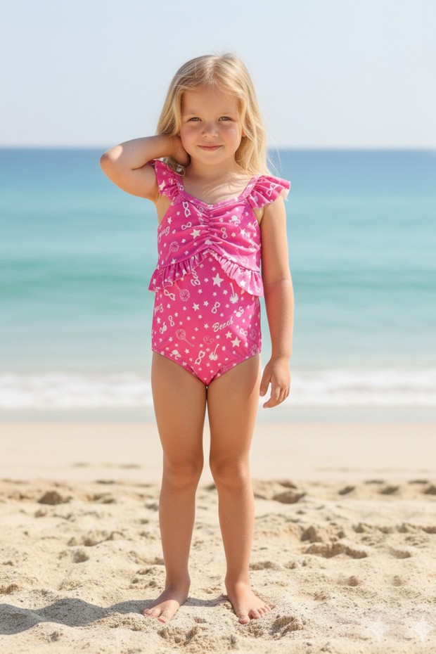 Kız Çocuk Polyester + Elastan Omuzları Fırfırlı Yıldız ve Palmiye Desenli  Yüzücü Mayosu