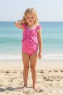 Kız Çocuk Polyester + Elastan Omuzları Fırfırlı Yıldız ve Palmiye Desenli  Yüzücü Mayosu