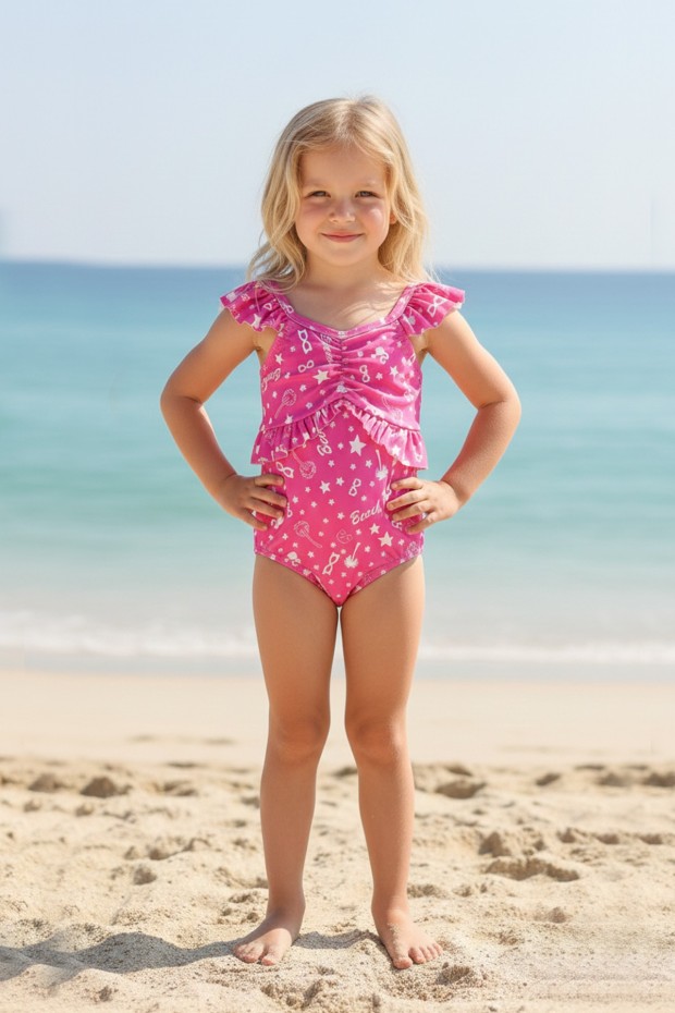 Kız Çocuk Polyester + Elastan Omuzları Fırfırlı Yıldız ve Palmiye Desenli  Yüzücü Mayosu