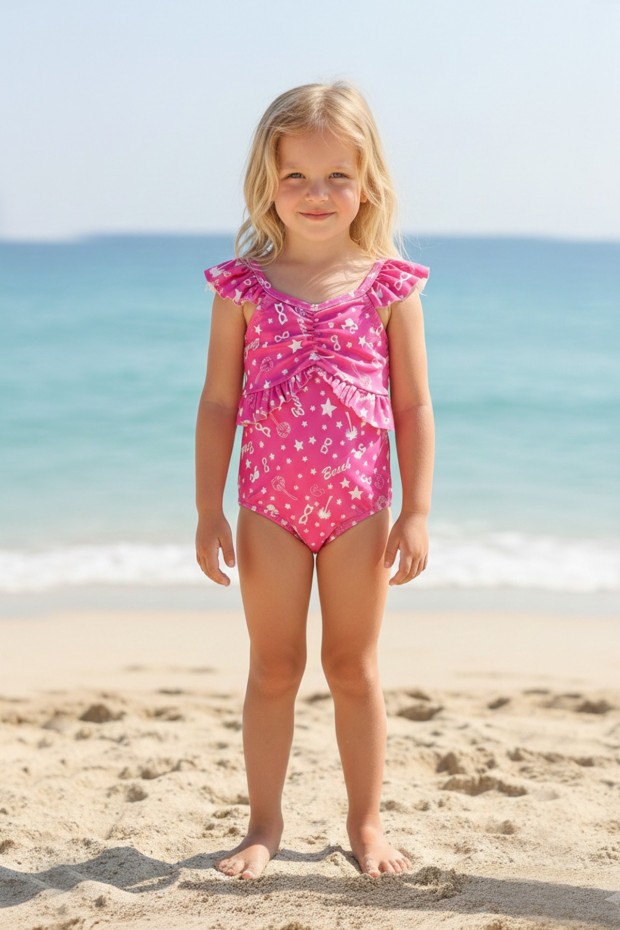 Kız Çocuk Polyester + Elastan Omuzları Fırfırlı Yıldız ve Palmiye Desenli  Yüzücü Mayosu