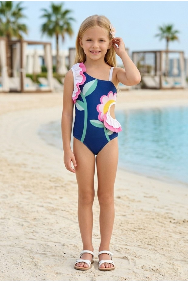 Kız Çocuk Polyester + Elastan Papatya Desenli Tek Omuz Fırfırlı ve Belden Pencereli Şık Tasarım Mayo