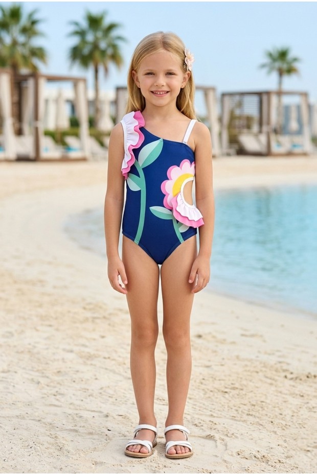 Kız Çocuk Polyester + Elastan Papatya Desenli Tek Omuz Fırfırlı ve Belden Pencereli Şık Tasarım Mayo