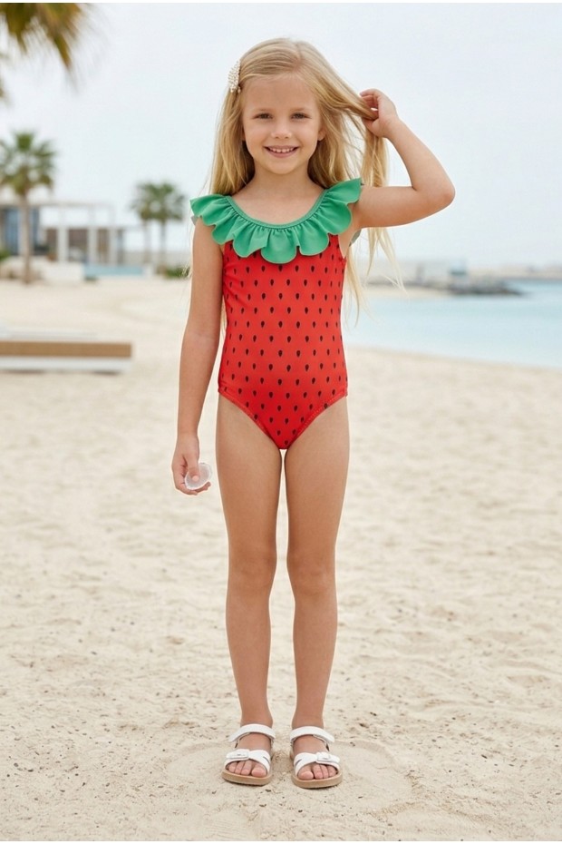 Kız Çocuk Polyester + Elastan Çilek Desenli  Fırfır Yaka Detaylı Şık Tasarım Mayo