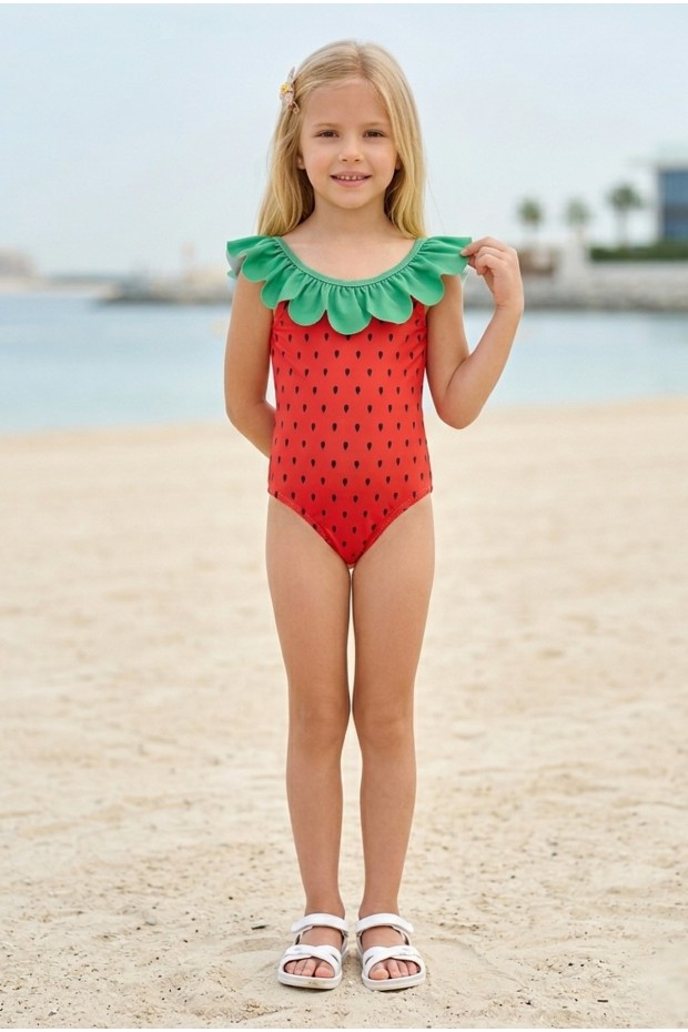 Kız Çocuk Polyester + Elastan Çilek Desenli  Fırfır Yaka Detaylı Şık Tasarım Mayo