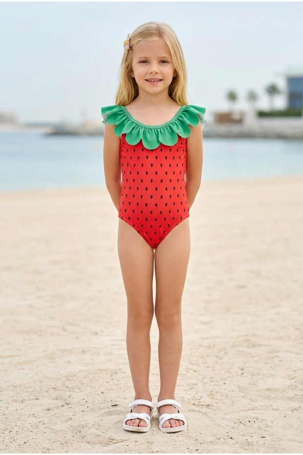 Kız Çocuk Polyester + Elastan Çilek Desenli  Fırfır Yaka Detaylı Şık Tasarım Mayo