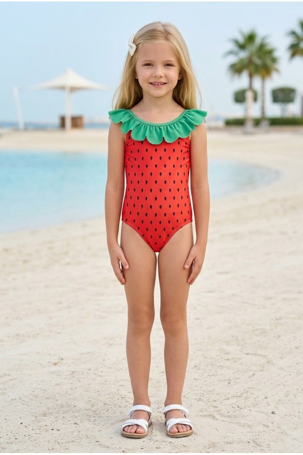 Kız Çocuk Polyester + Elastan Çilek Desenli  Fırfır Yaka Detaylı Şık Tasarım Mayo