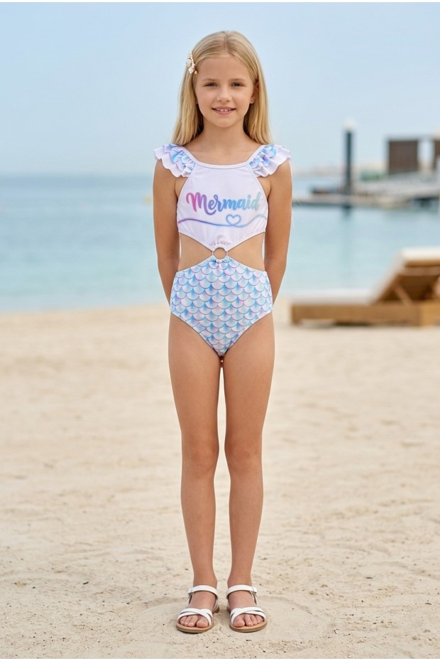 Kız Çocuk Polyester + Elastan Pullu Desenli Fırfırlı Belden Pencereli Halka Detaylı Şık Tasarım Mayo 