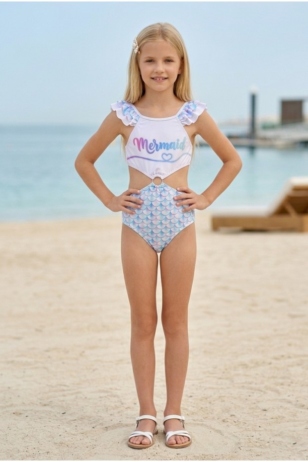 Kız Çocuk Polyester + Elastan Pullu Desenli Fırfırlı Belden Pencereli Halka Detaylı Şık Tasarım Mayo 