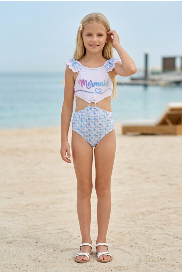 Kız Çocuk Polyester + Elastan Pullu Desenli Fırfırlı Belden Pencereli Halka Detaylı Şık Tasarım Mayo 