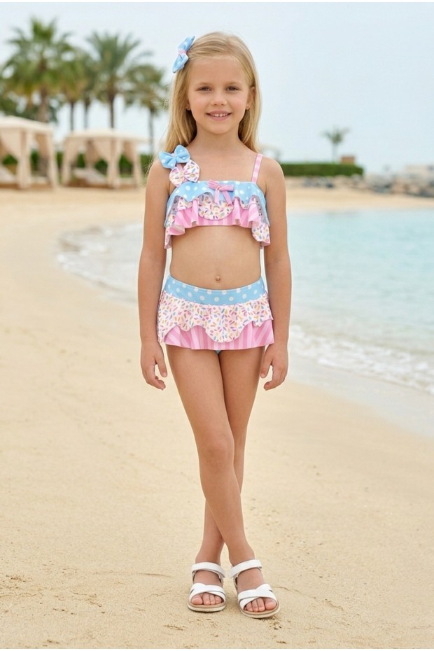 Kız Çocuk Polyester + Elastan Puantiyeli ve Çizgili Fırfır Detaylı Şeker Desenli Mayo