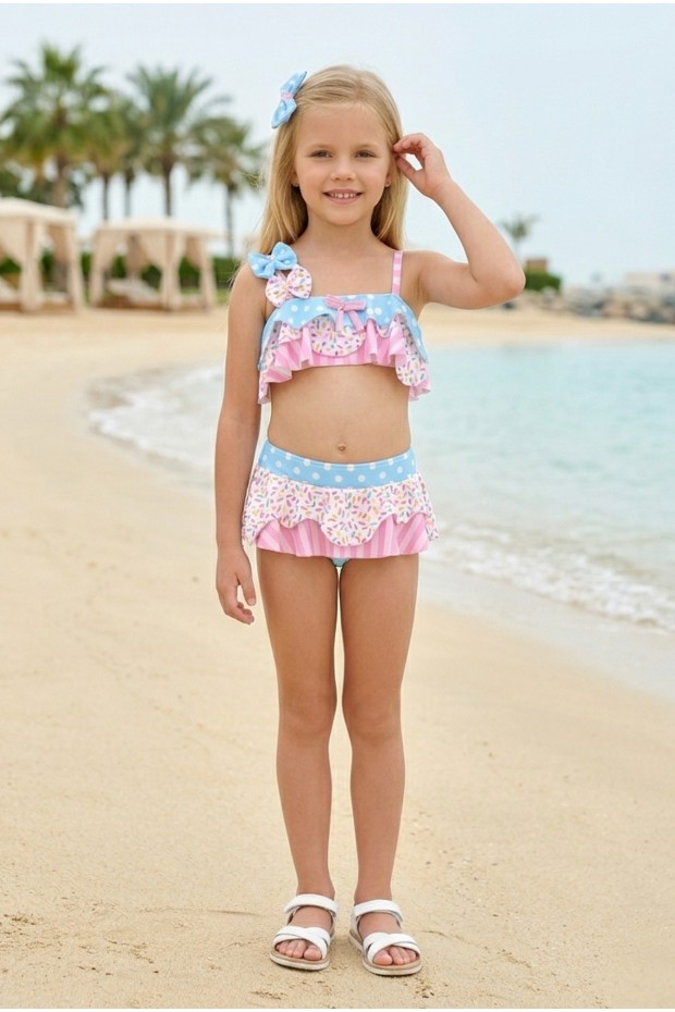 Kız Çocuk Polyester + Elastan Puantiyeli ve Çizgili Fırfır Detaylı Şeker Desenli Mayo