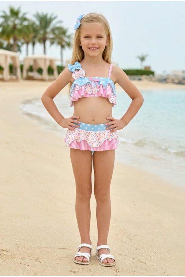 Kız Çocuk Polyester + Elastan Puantiyeli ve Çizgili Fırfır Detaylı Şeker Desenli Mayo