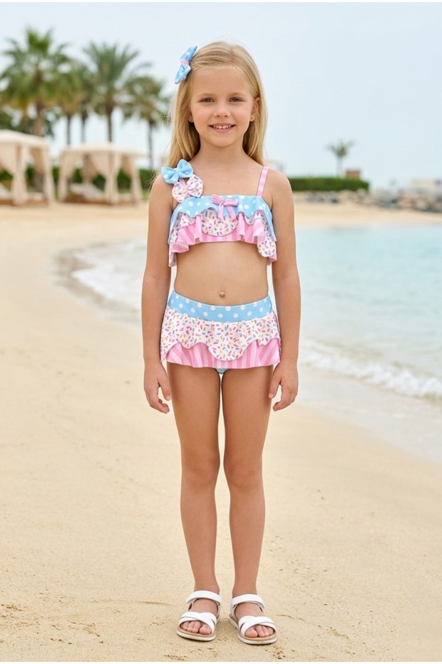 Kız Çocuk Polyester + Elastan Puantiyeli ve Çizgili Fırfır Detaylı Şeker Desenli Mayo