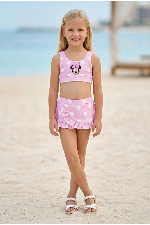 Kız Çocuk Polyester + Elastan Baskılı Puantiyeli Fırfırlı Etekli Şık Tasarım İkili Mayo