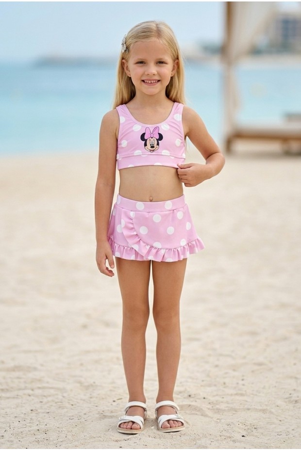 Kız Çocuk Polyester + Elastan Baskılı Puantiyeli Fırfırlı Etekli Şık Tasarım İkili Mayo