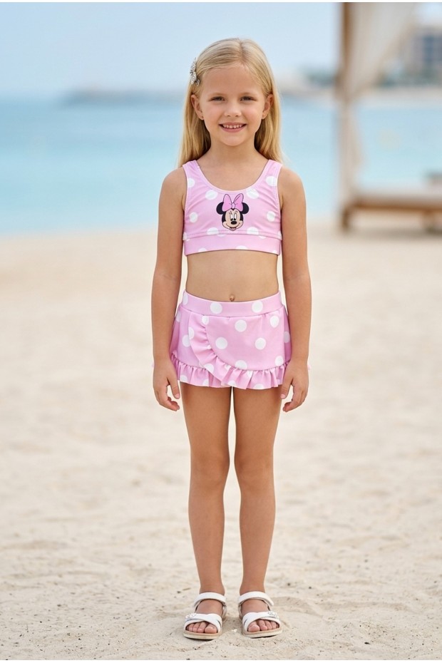 Kız Çocuk Polyester + Elastan Baskılı Puantiyeli Fırfırlı Etekli Şık Tasarım İkili Mayo