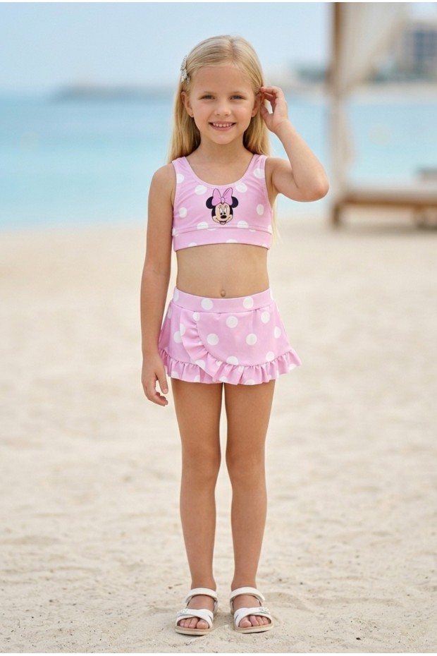 Kız Çocuk Polyester + Elastan Baskılı Puantiyeli Fırfırlı Etekli Şık Tasarım İkili Mayo