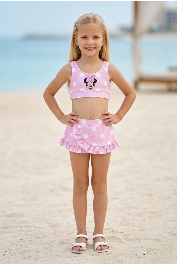 Kız Çocuk Polyester + Elastan Baskılı Puantiyeli Fırfırlı Etekli Şık Tasarım İkili Mayo