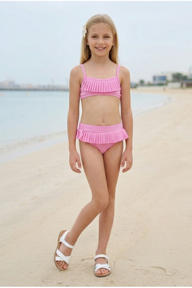 Kız Çocuk Polyester + Elastan Fırfırlı ve Pileli Şık Tasarım İkili Mayo