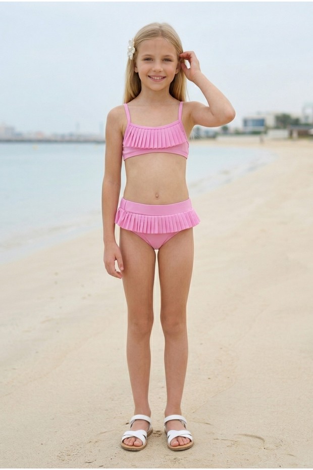 Kız Çocuk Polyester + Elastan Fırfırlı ve Pileli Şık Tasarım İkili Mayo