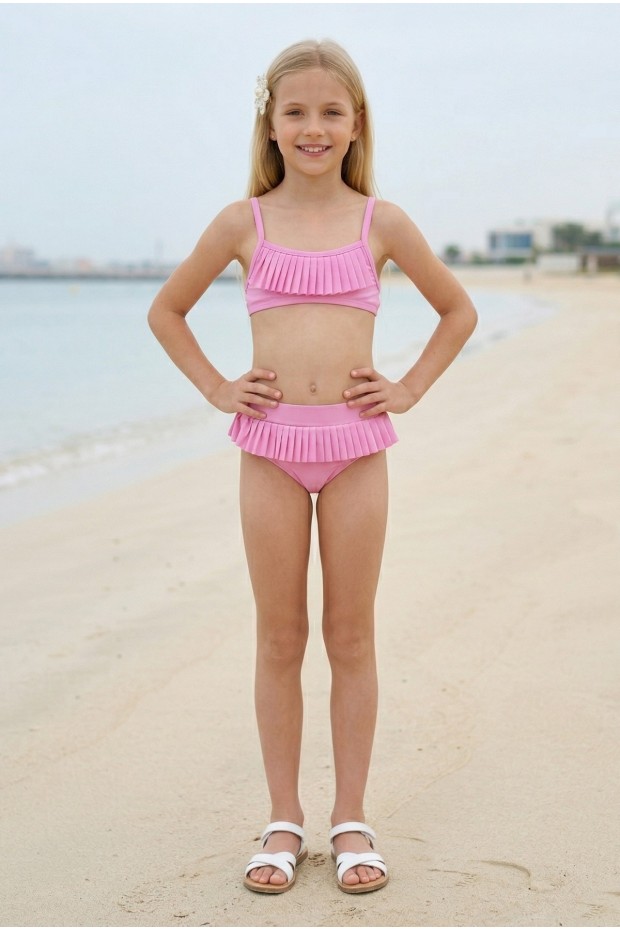 Kız Çocuk Polyester + Elastan Fırfırlı ve Pileli Şık Tasarım İkili Mayo